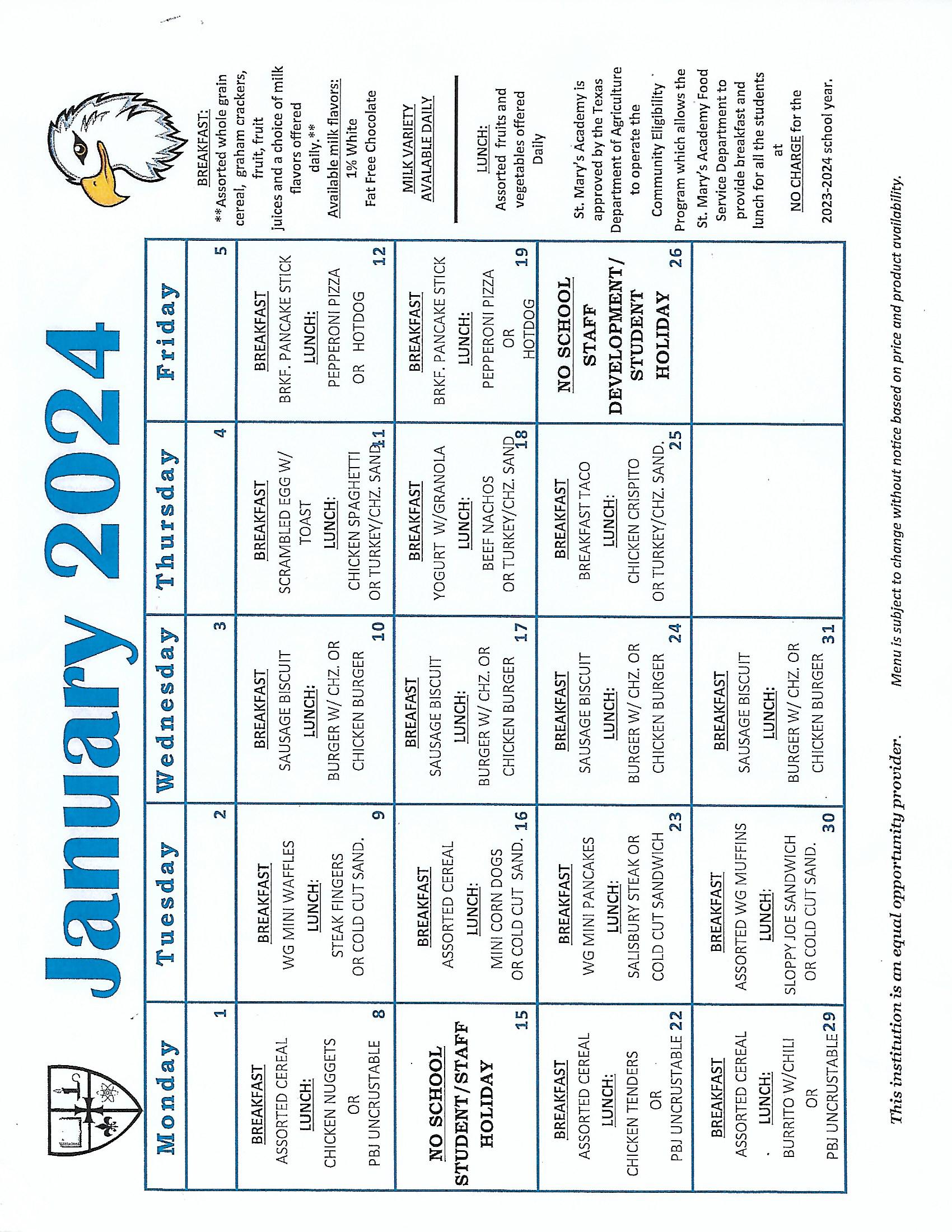 School Cafeteria News   January 2024 Menu 